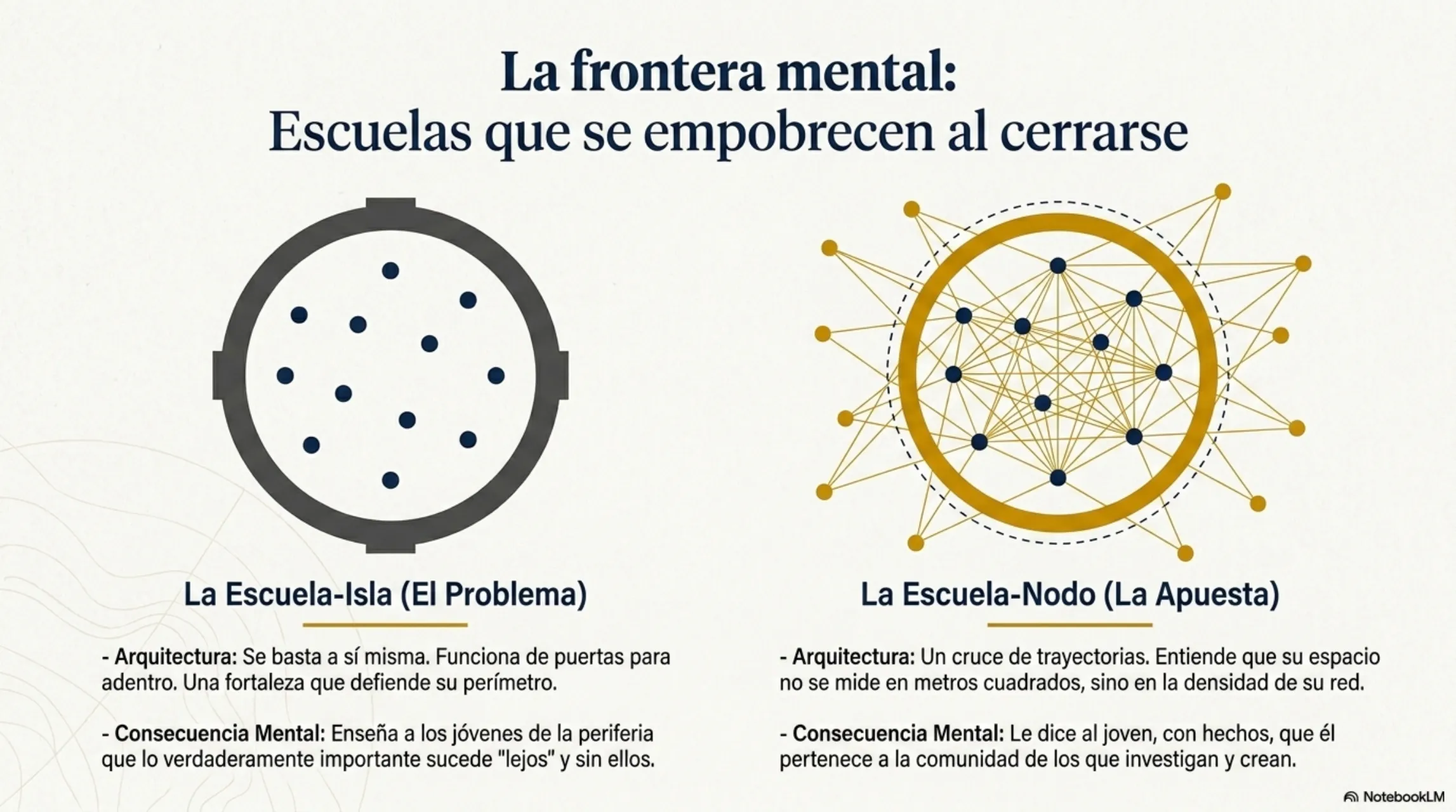 Slide 4 de 12: La frontera mental: escuelas que se empobrecen al cerrarse. La escuela-isla frente a la escuela-nodo. La isla es una fortaleza que defiende su perímetro y funciona de puertas para adentro; enseña a los jóvenes de la periferia que lo importante sucede «lejos» y sin ellos. El nodo es un cruce de trayectorias: entiende que su espacio no se mide en metros cuadrados, sino en la densidad de su red, y le dice al joven, con hechos, que pertenece a la comunidad de los que investigan y crean.