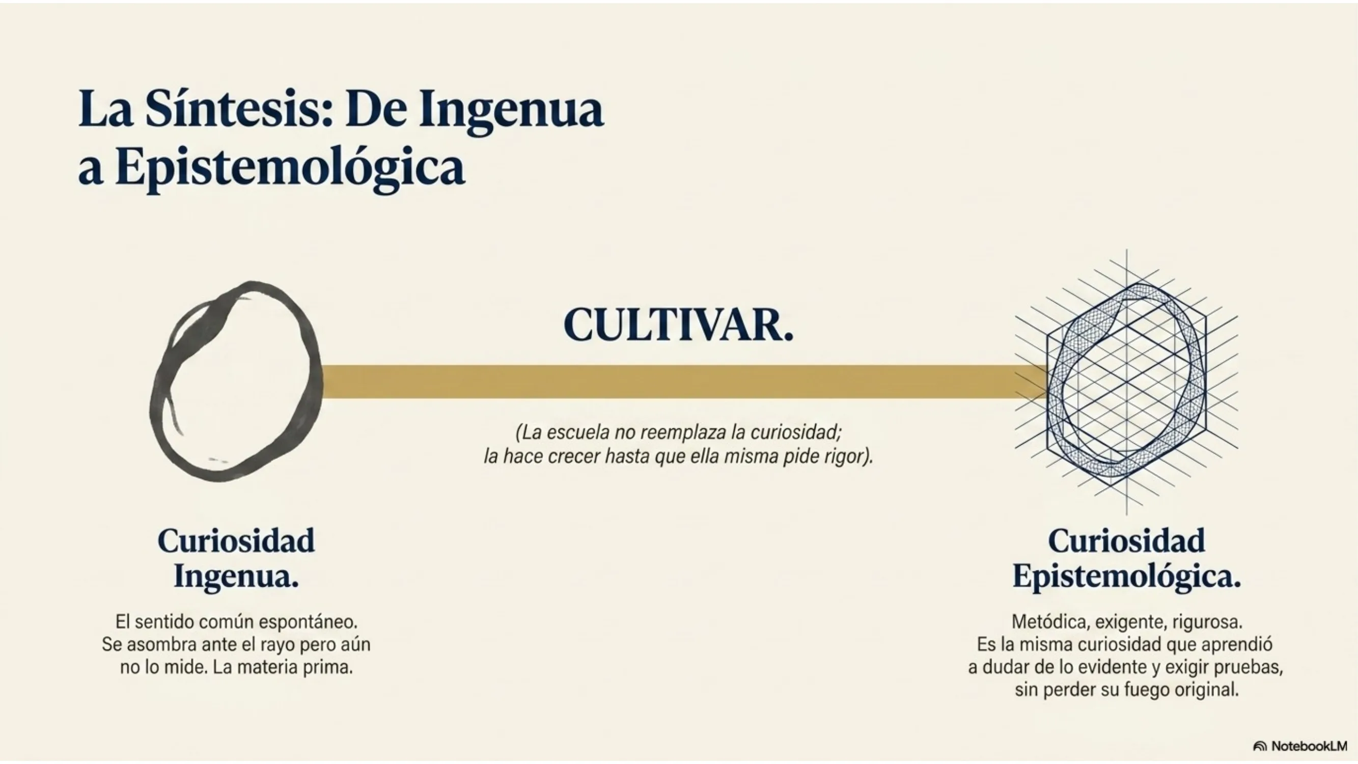 Slide 4 de 15: La síntesis: de ingenua a epistemológica. De la curiosidad ingenua (el sentido común espontáneo, la materia prima) a la curiosidad epistemológica (metódica, exigente, rigurosa) mediante el verbo CULTIVAR. La escuela no reemplaza la curiosidad: la hace crecer hasta que ella misma pide rigor, sin perder su fuego original.