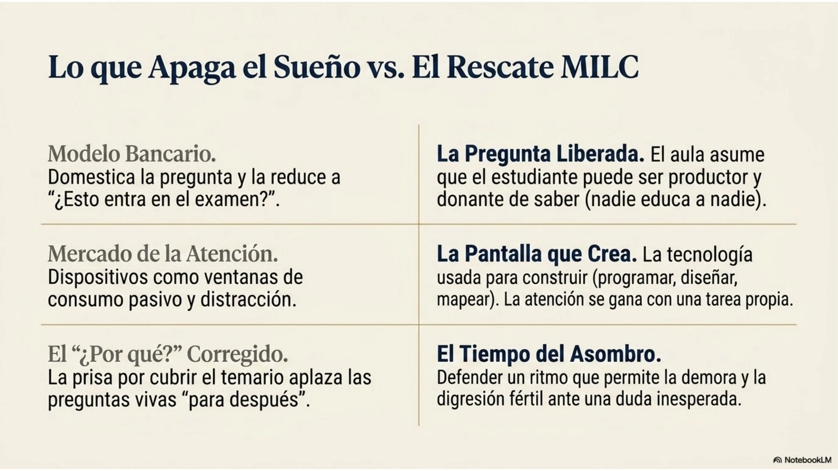 Slide 5 de 15: Lo que apaga el sueño vs. el rescate MILC. Tabla de contrastes. Apagadores: modelo bancario (domestica la pregunta a «¿esto entra en el examen?»), mercado de la atención (consumo pasivo) y el «¿por qué?» corregido (la prisa aplaza las preguntas). Rescate MILC: la pregunta liberada (el estudiante como productor de saber), la pantalla que crea (tecnología para construir) y el tiempo del asombro (defender la demora y la digresión fértil).
