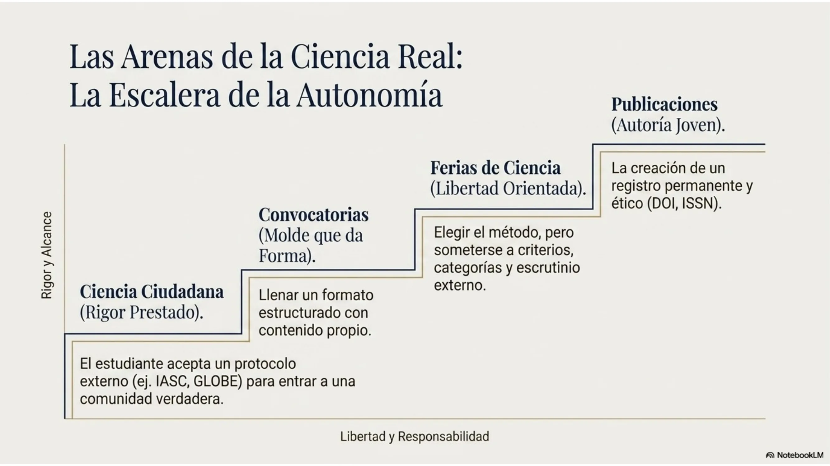 Slide 11 de 15: Las arenas de la ciencia real: la escalera de la autonomía. Escalera de rigor y alcance frente a libertad y responsabilidad. Ciencia ciudadana (rigor prestado: aceptar un protocolo externo como IASC o GLOBE), convocatorias (el molde que da forma), ferias de ciencia (libertad orientada: método propio bajo criterios y escrutinio externo) y publicaciones (autoría joven: un registro permanente y ético con DOI o ISSN).