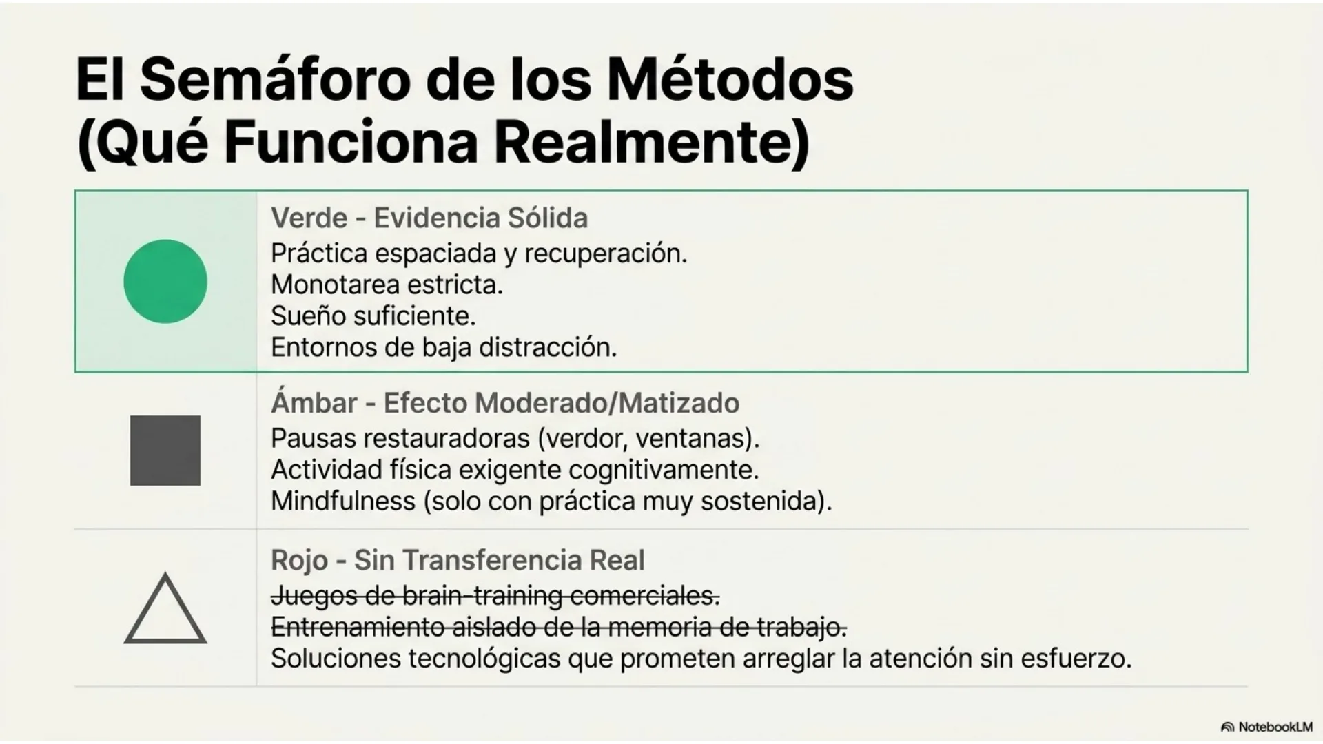 Slide 10 de 12: El semáforo de los métodos. Qué funciona de verdad: práctica espaciada, monotarea estricta y sueño suficiente (verde); pausas restauradoras y ejercicio (ámbar); brain-training comercial (rojo).