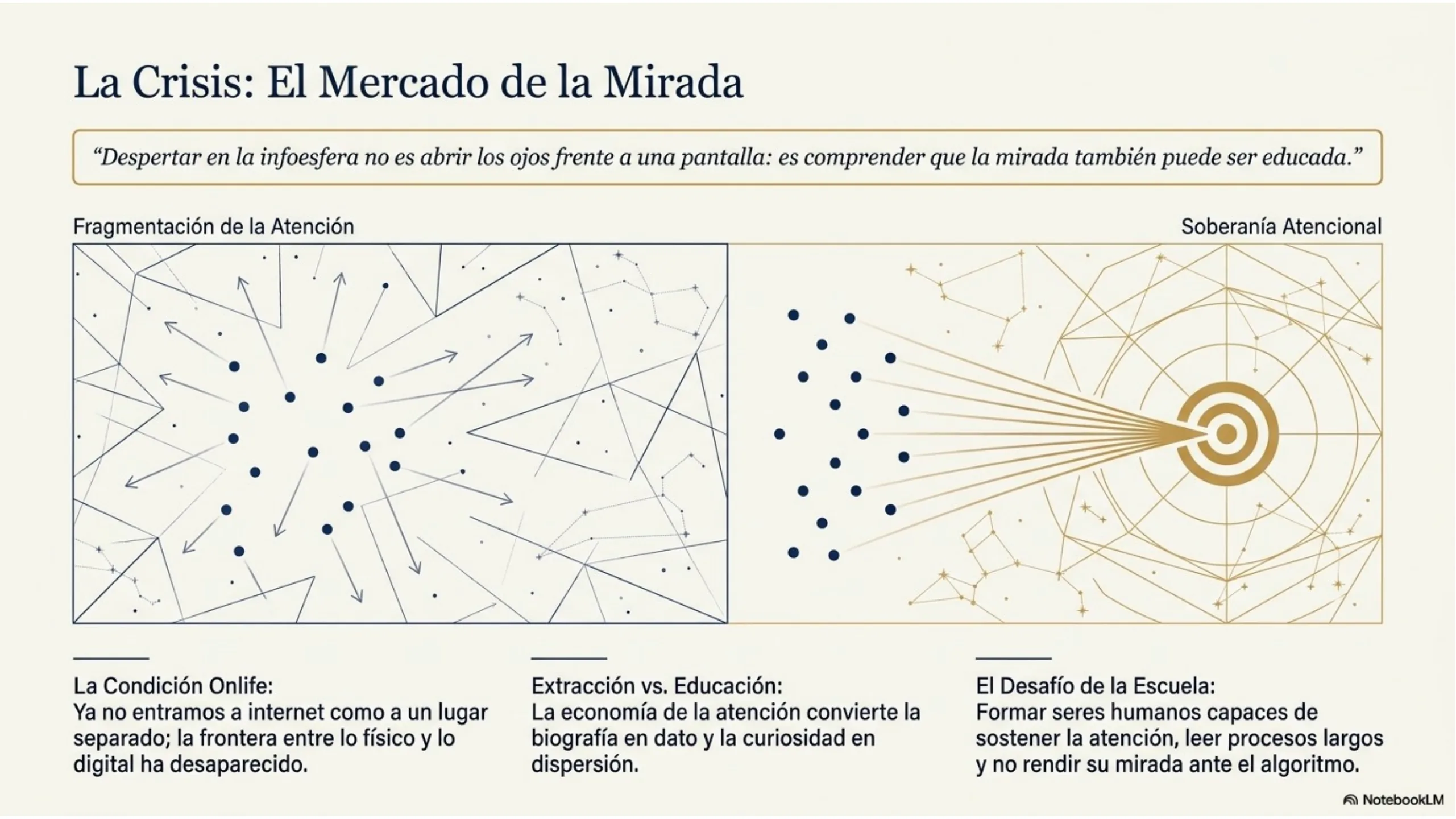 Slide 2 de 13: La Crisis: El Mercado de la Mirada. Diagnóstico del momento educativo: la atención del estudiante se ha convertido en mercancía.