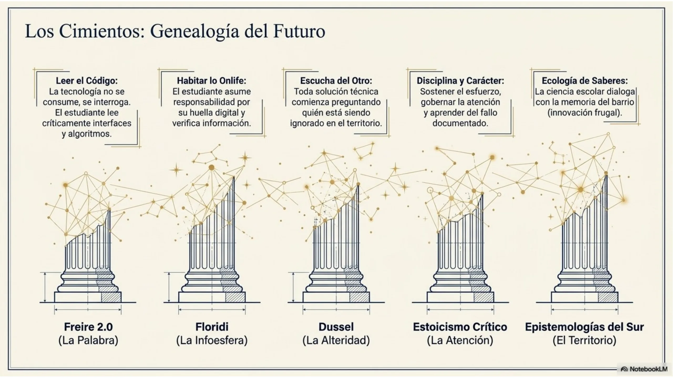 Slide 5 de 13: Los Cimientos: Genealogía del Futuro. Raíces filosóficas del modelo: Dussel (liberación), Floridi (era onlife), estoicismo y saberes locales.