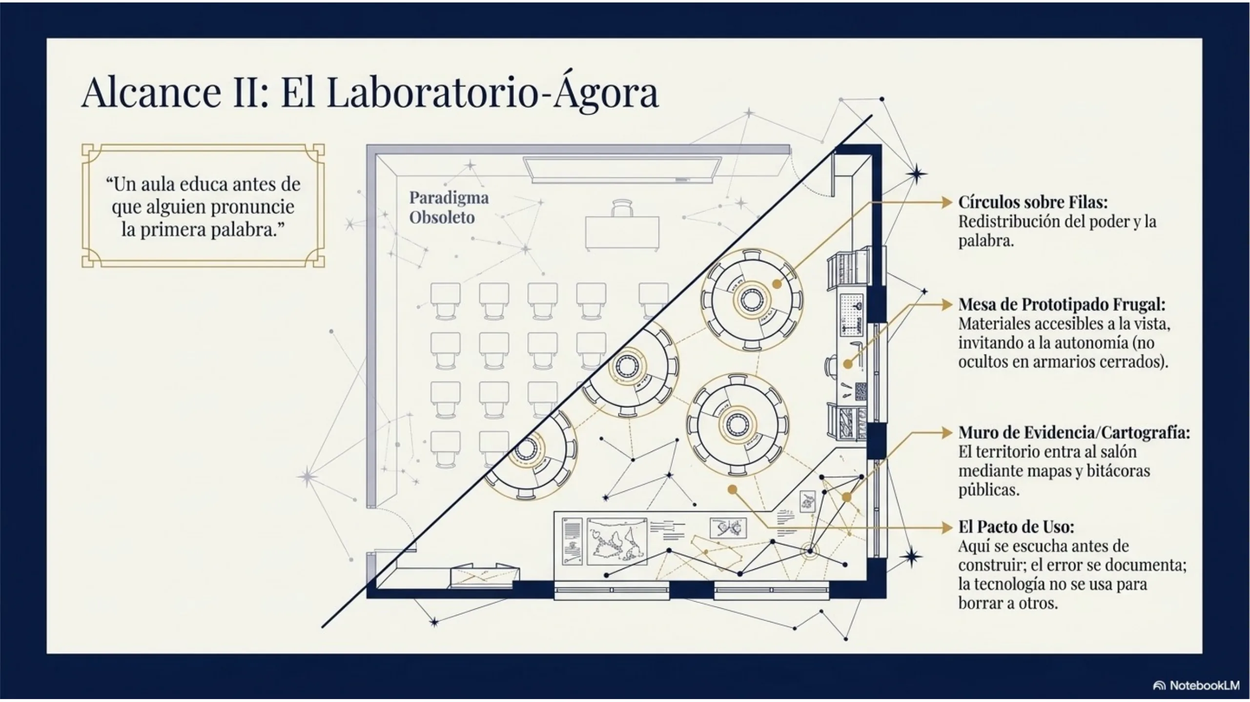 Slide 7 de 13: Alcance II: El Laboratorio-Ágora. El aula deja de ser fila y se vuelve círculo: círculos sobre filas, prototipado frugal, muro de evidencia, pacto de uso.