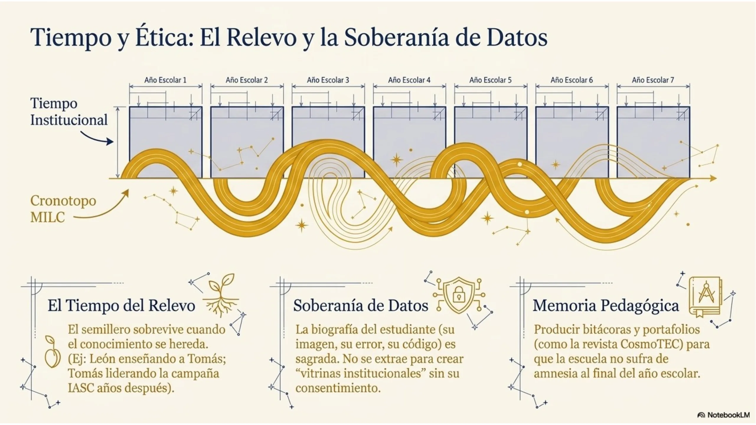 Slide 10 de 13: Tiempo y Ética: El Relevo y la Soberanía de Datos. Cronotopo MILC: el tiempo del relevo entre estudiantes, soberanía sobre los datos propios y memoria pedagógica.