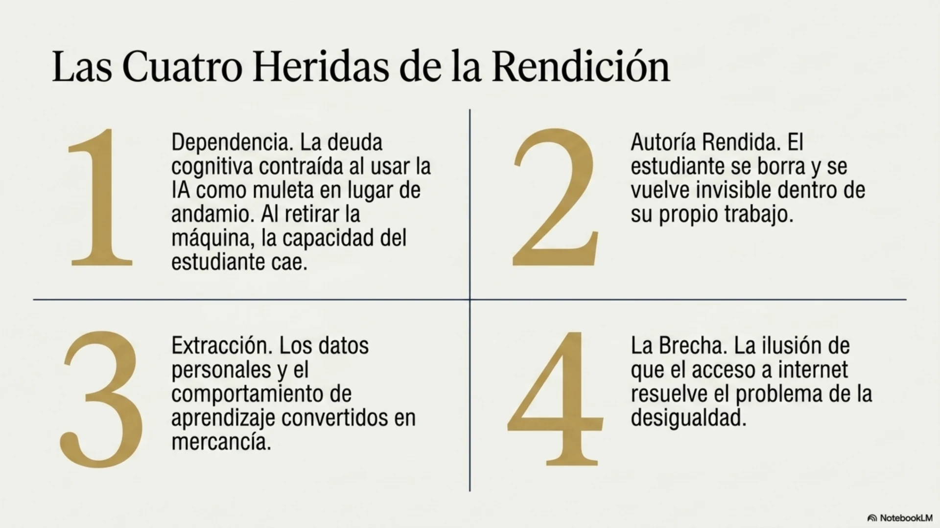 Slide 4 de 12: Las cuatro heridas de la rendición. Lo que la herramienta le hace al que aprende cuando lo sustituye en vez de acompañarlo. 1) Dependencia: la deuda cognitiva contraída al usar la IA como muleta en lugar de andamio; al retirar la máquina, la capacidad del estudiante cae. 2) Autoría rendida: el estudiante se borra y se vuelve invisible dentro de su propio trabajo. 3) Extracción: los datos personales y el comportamiento de aprendizaje convertidos en mercancía. 4) La brecha: la ilusión de que el acceso a internet resuelve el problema de la desigualdad.