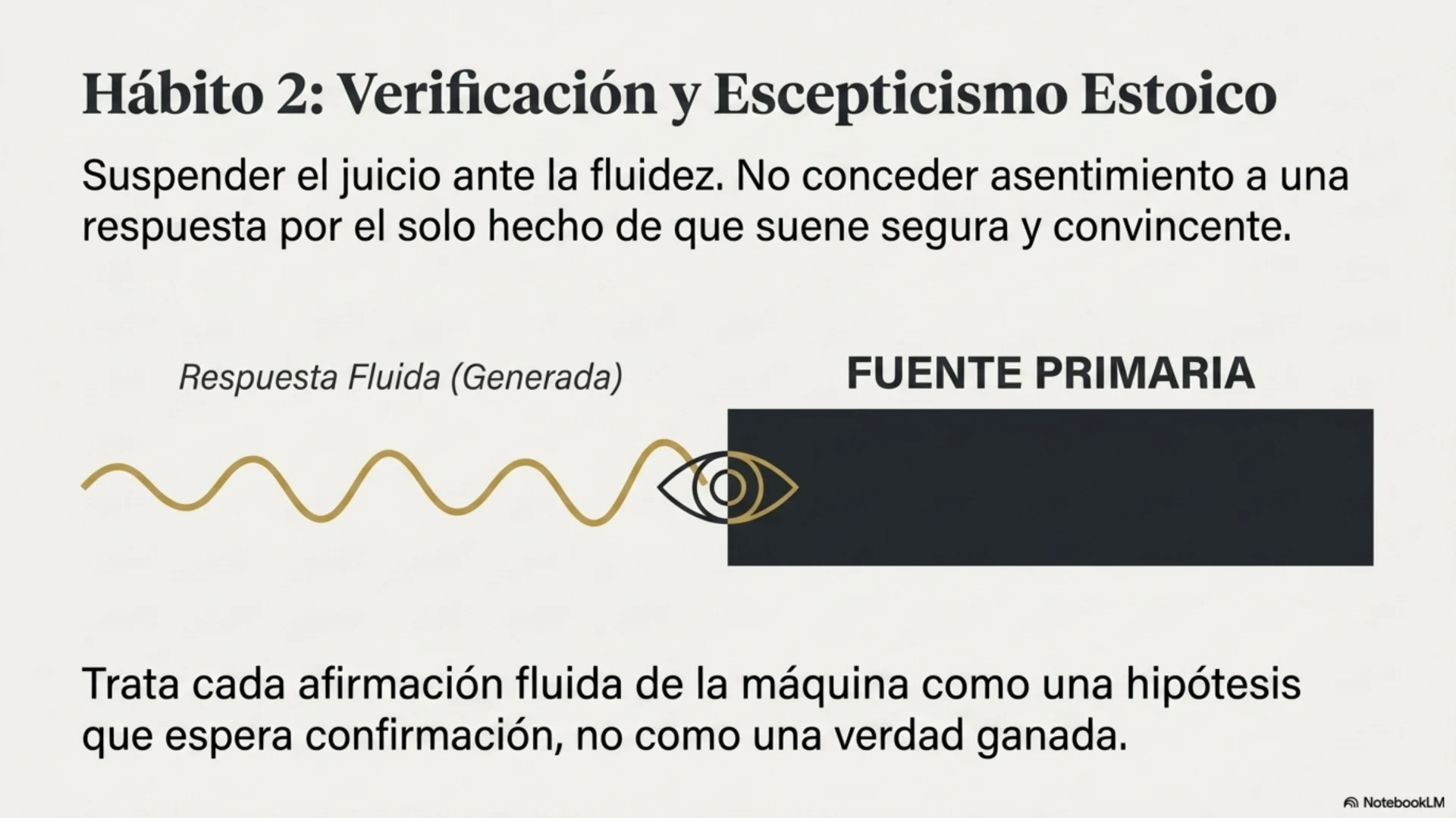 Slide 9 de 12: Hábito 2 · Verificación y escepticismo estoico. Suspender el juicio ante la fluidez: no conceder el asentimiento a una respuesta por el solo hecho de que suene segura y convincente. El esquema contrapone la respuesta fluida generada por la máquina con la fuente primaria que debe confrontarla. Trata cada afirmación fluida como una hipótesis que espera confirmación, no como una verdad ya ganada.