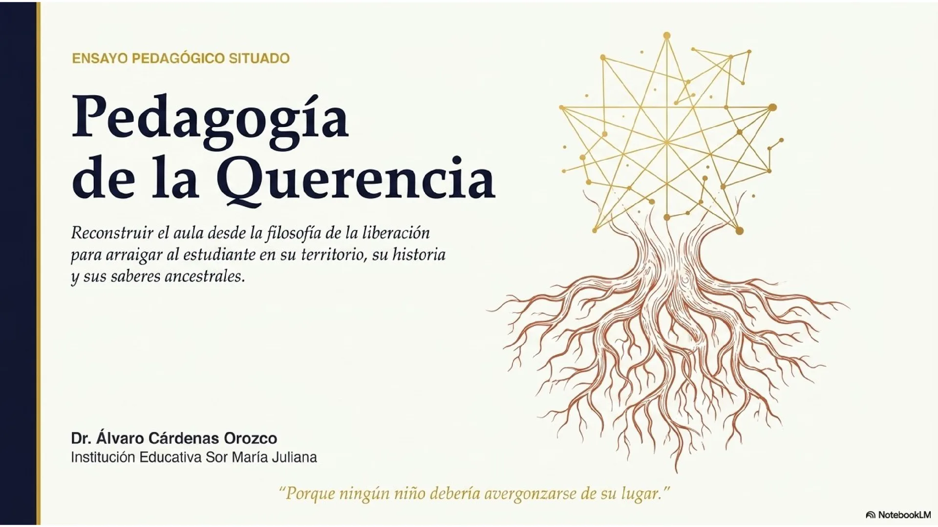 Slide 1 de 15: Pedagogía de la Querencia. Portada. Ensayo pedagógico situado: reconstruir el aula desde la filosofía de la liberación para arraigar al estudiante en su territorio, su historia y sus saberes ancestrales. Dr. Alvaro Cardenas Orozco · I.E. Sor María Juliana. «Porque ningún niño debería avergonzarse de su lugar».