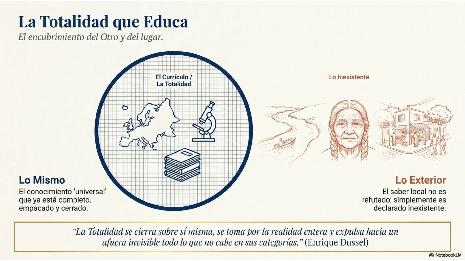 Slide 3 de 15: La Totalidad que educa. El encubrimiento del Otro y del lugar. Lo Mismo (el currículo como una Totalidad: conocimiento «universal», completo y cerrado) frente a lo Exterior (el saber local, que no se refuta: simplemente se declara inexistente). «La Totalidad se cierra sobre sí misma… y expulsa hacia un afuera invisible todo lo que no cabe en sus categorías» (Enrique Dussel).