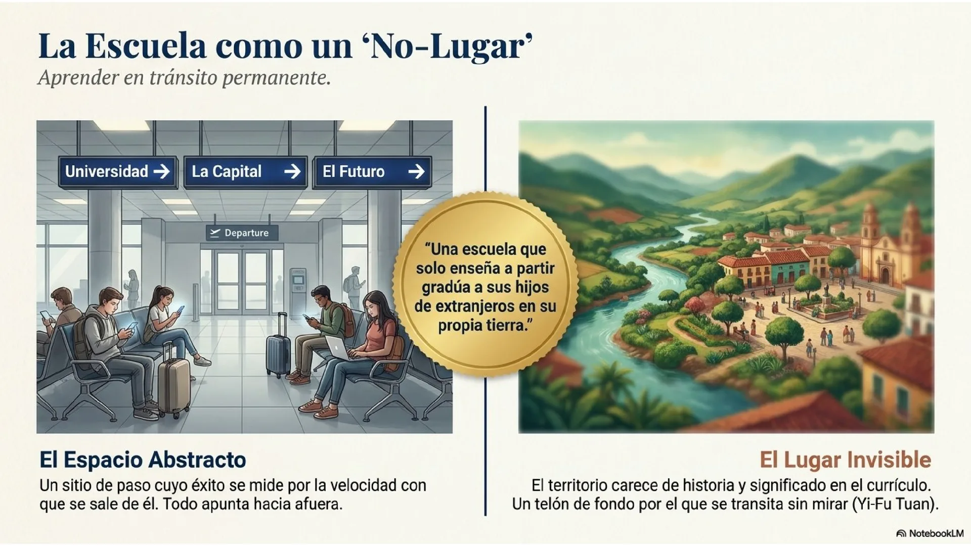 Slide 5 de 15: La escuela como un «No-Lugar». Aprender en tránsito permanente. El Espacio Abstracto (un sitio de paso cuyo éxito se mide por la velocidad con que se sale: universidad, capital, futuro) frente al Lugar Invisible (el territorio sin historia ni significado, un telón de fondo por el que se transita sin mirar, Yi-Fu Tuan). «Una escuela que solo enseña a partir gradúa a sus hijos de extranjeros en su propia tierra».