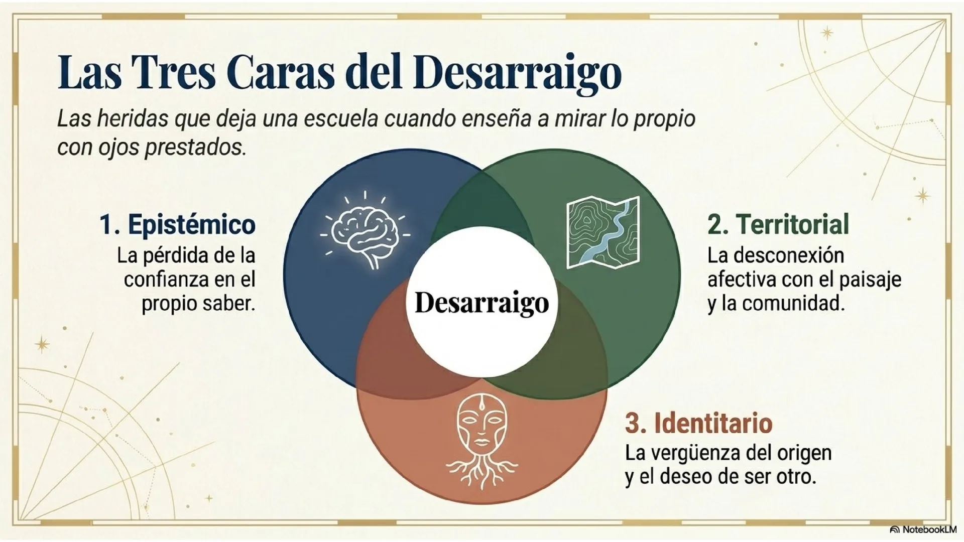 Slide 6 de 15: Las tres caras del desarraigo. Las heridas que deja una escuela cuando enseña a mirar lo propio con ojos prestados: 1) epistémica (pérdida de la confianza en el propio saber), 2) territorial (desconexión afectiva con el paisaje y la comunidad) y 3) identitaria (la vergüenza del origen y el deseo de ser otro).