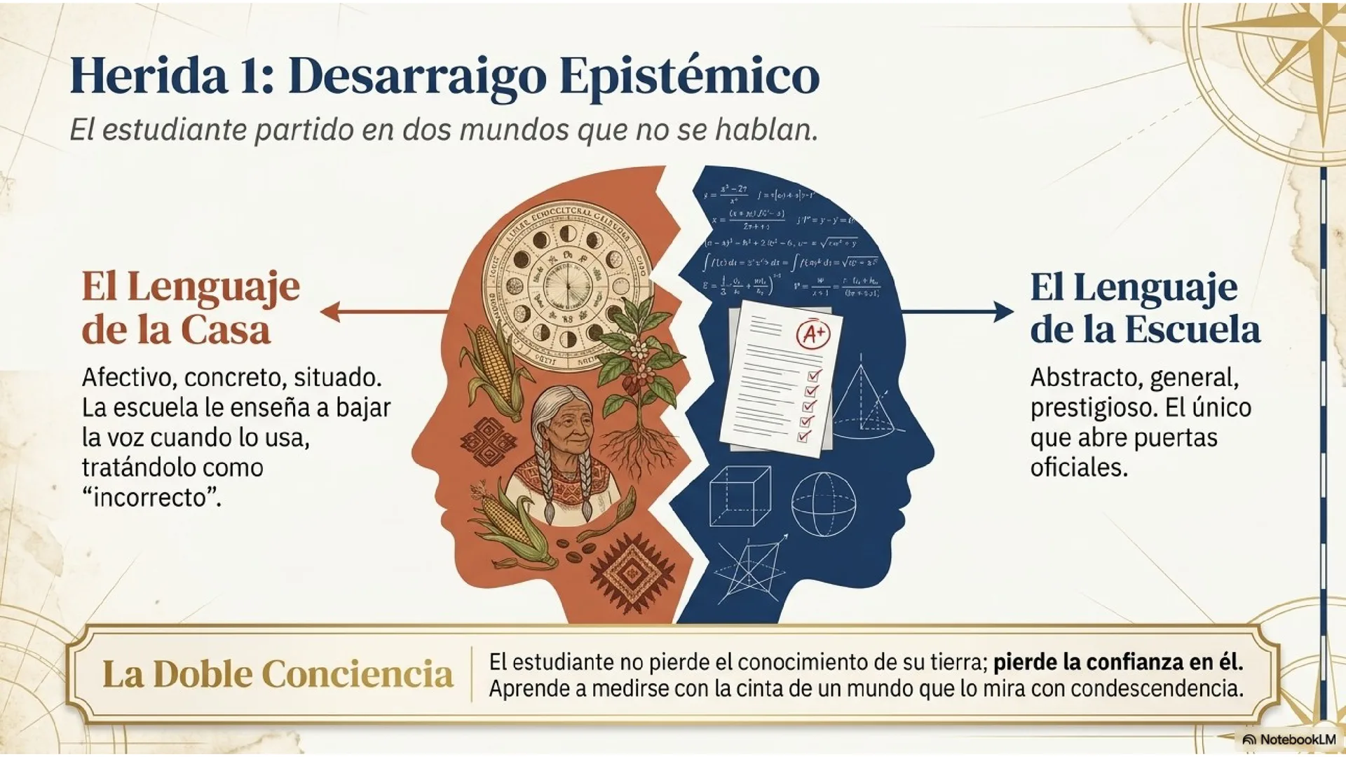 Slide 7 de 15: Herida 1 · Desarraigo epistémico. El estudiante partido en dos mundos que no se hablan: el lenguaje de la casa (afectivo, concreto, situado, que la escuela trata como «incorrecto») y el lenguaje de la escuela (abstracto, prestigioso, el único que abre puertas oficiales). La doble conciencia: no pierde el saber de su tierra, pierde la confianza en él, y aprende a medirse con la cinta de un mundo que lo mira con condescendencia.