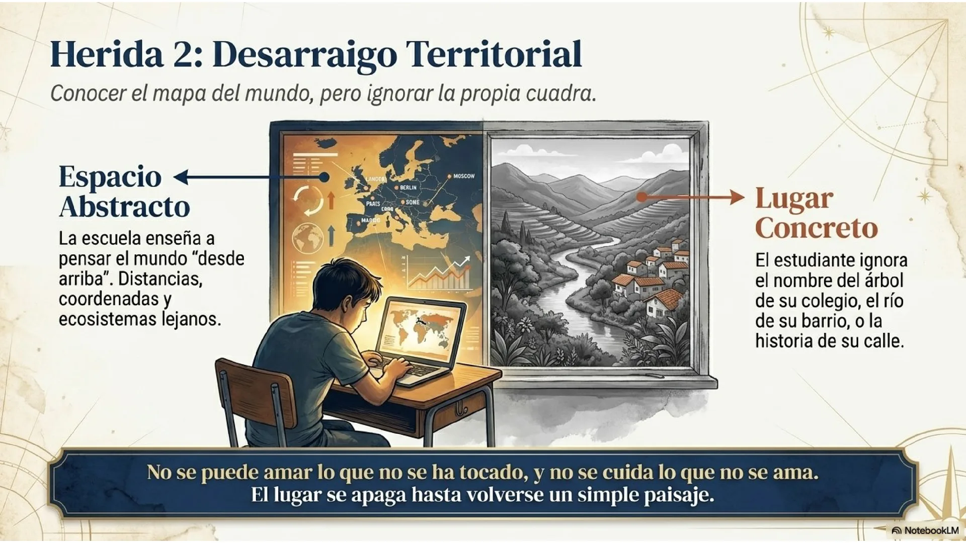 Slide 8 de 15: Herida 2 · Desarraigo territorial. Conocer el mapa del mundo, pero ignorar la propia cuadra. El Espacio Abstracto (pensar el mundo «desde arriba»: distancias, coordenadas, ecosistemas lejanos) frente al Lugar Concreto (ignorar el nombre del árbol del colegio, el río del barrio o la historia de la calle). «No se puede amar lo que no se ha tocado, y no se cuida lo que no se ama».