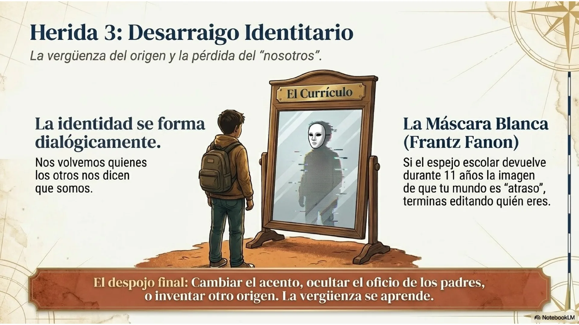 Slide 9 de 15: Herida 3 · Desarraigo identitario. La vergüenza del origen y la pérdida del «nosotros». La identidad se forma dialógicamente (nos volvemos quienes los otros nos dicen que somos); la máscara blanca (Frantz Fanon): si el espejo escolar te devuelve durante once años la imagen de que tu mundo es «atraso», terminas editando quién eres. El despojo final: cambiar el acento, ocultar el oficio de los padres o inventar otro origen.