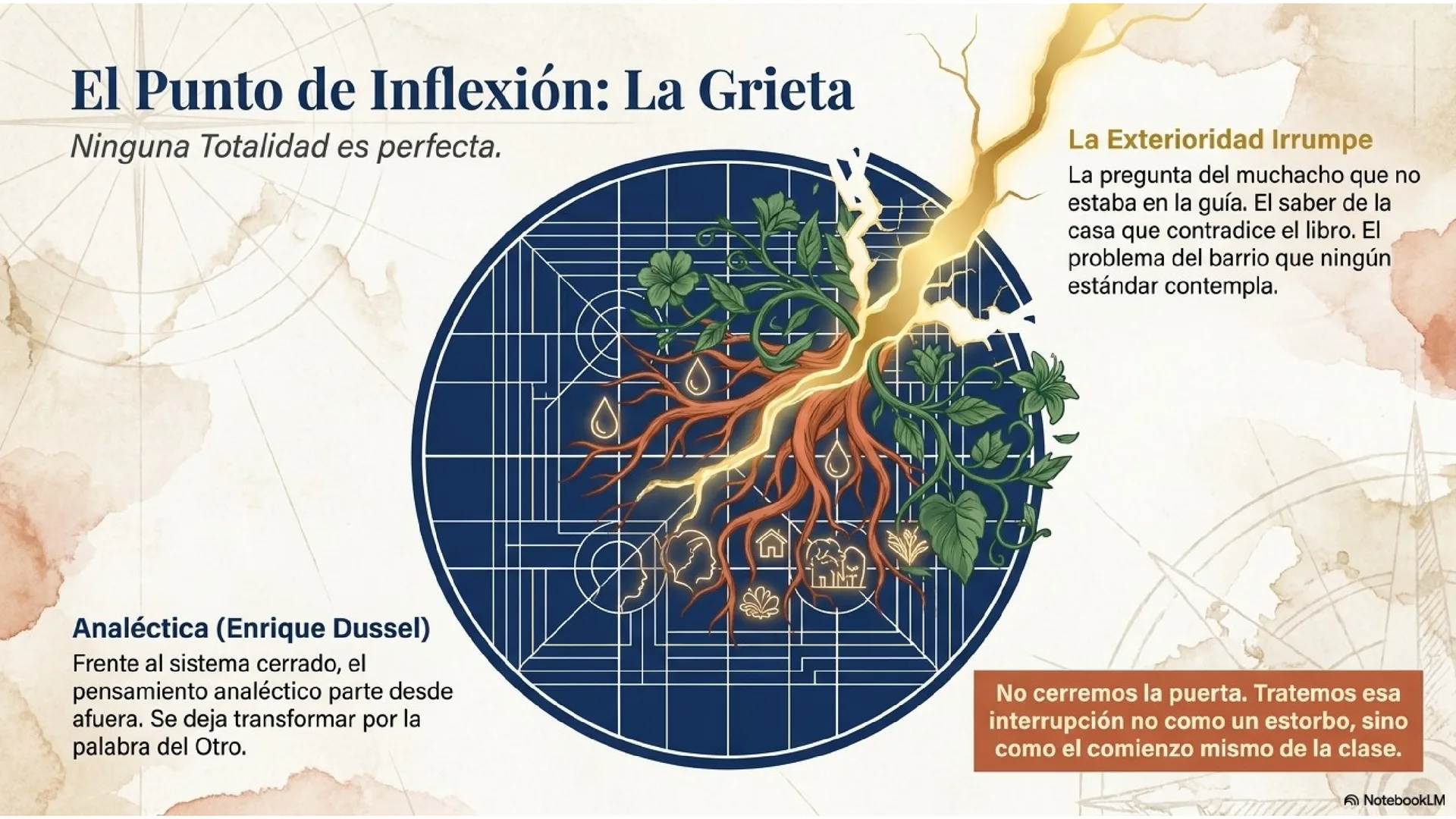 Slide 10 de 15: El punto de inflexión: la grieta. Ninguna Totalidad es perfecta. La Exterioridad irrumpe (la pregunta que no estaba en la guía, el saber de la casa que contradice el libro, el problema del barrio que ningún estándar contempla). La analéctica (Dussel): partir desde afuera y dejarse transformar por la palabra del Otro. No cerrar la puerta: tratar esa interrupción no como un estorbo, sino como el comienzo mismo de la clase.