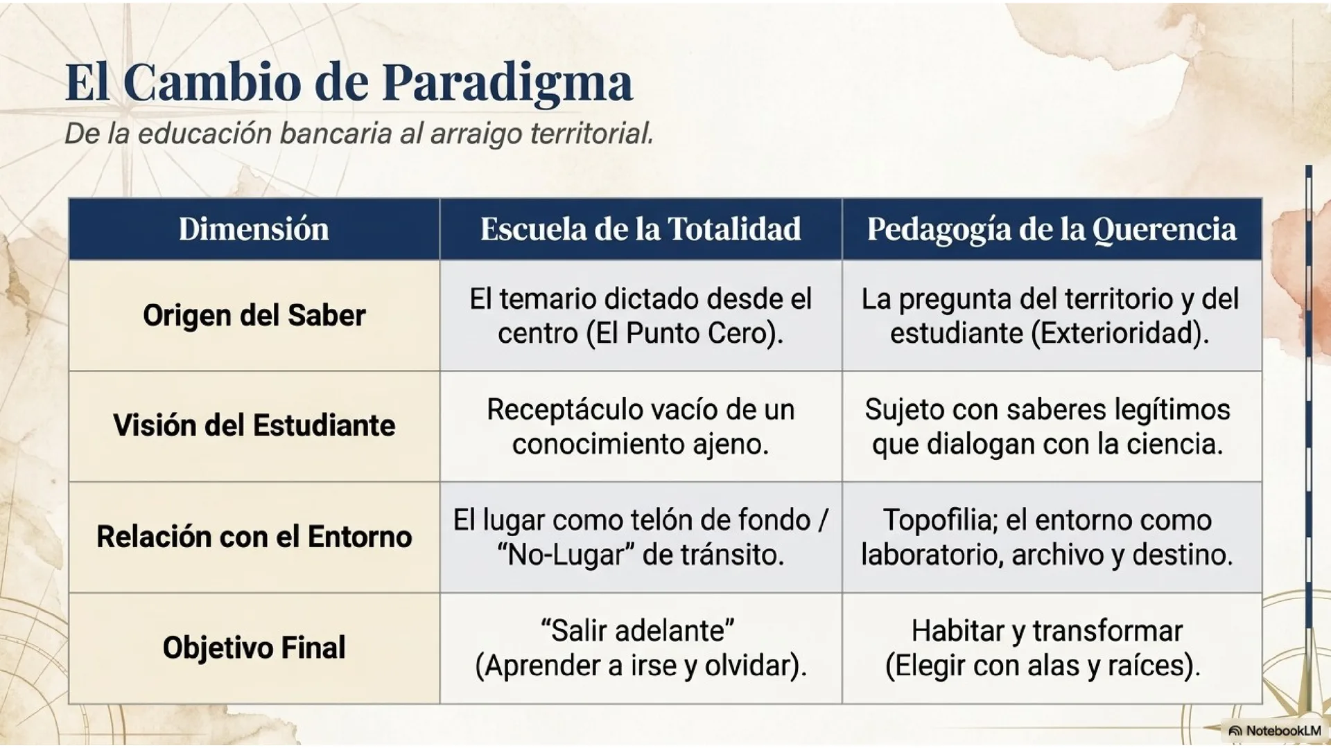 Slide 11 de 15: El cambio de paradigma. De la educación bancaria al arraigo territorial. Escuela de la Totalidad frente a Pedagogía de la Querencia en cuatro dimensiones: origen del saber (el Punto Cero vs. la pregunta del territorio), visión del estudiante (receptáculo vacío vs. sujeto con saberes legítimos), relación con el entorno (telón de fondo vs. laboratorio y archivo) y objetivo final («salir adelante» vs. habitar y transformar con alas y raíces).