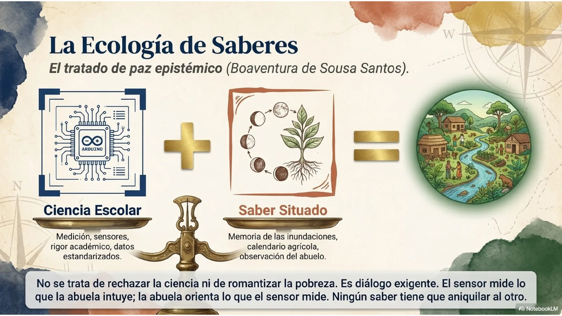 Slide 12 de 15: La ecología de saberes. El tratado de paz epistémico (Boaventura de Sousa Santos). Ciencia escolar (medición, sensores, rigor, datos) + saber situado (memoria de las inundaciones, calendario agrícola, observación del abuelo). No es rechazar la ciencia ni romantizar la pobreza: es diálogo exigente. El sensor mide lo que la abuela intuye; la abuela orienta lo que el sensor mide. Ningún saber aniquila al otro.