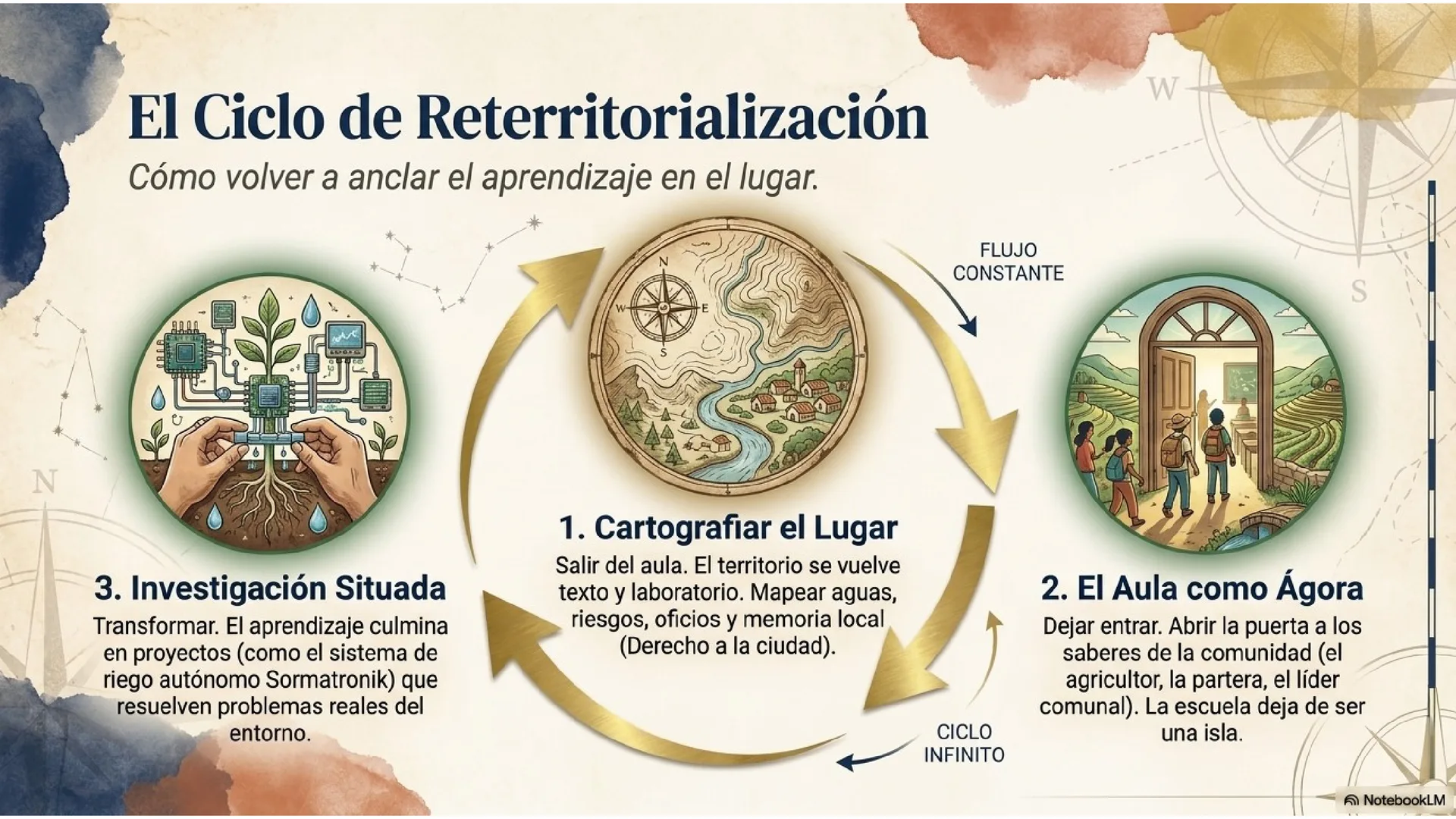 Slide 14 de 15: El ciclo de reterritorialización. Cómo volver a anclar el aprendizaje en el lugar, en flujo constante: 1) cartografiar el lugar (salir del aula: el territorio se vuelve texto y laboratorio, mapear aguas, riesgos, oficios y memoria), 2) el aula como ágora (dejar entrar a los sabedores de la comunidad: el agricultor, la partera, el líder comunal) y 3) investigación situada (proyectos que resuelven problemas reales, como el sistema de riego autónomo Sormatronik).