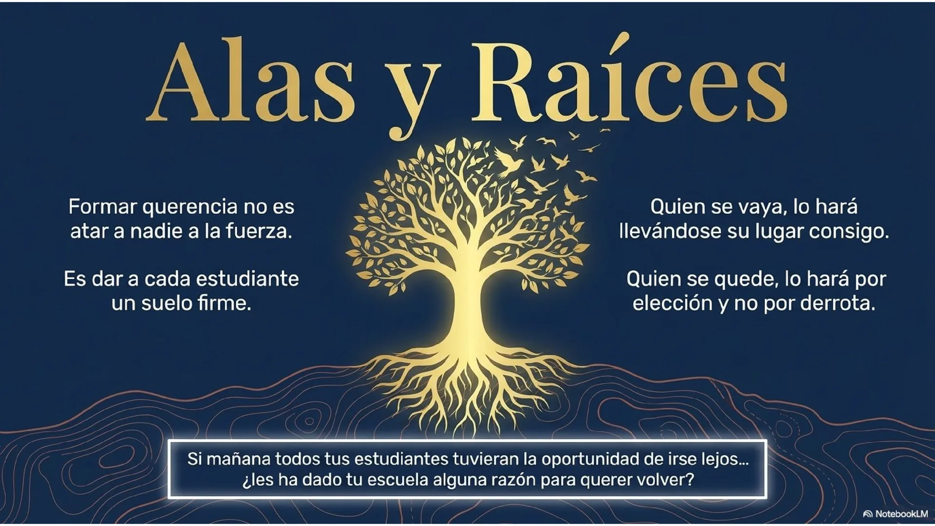 Slide 15 de 15: Alas y raíces. Formar querencia no es atar a nadie a la fuerza: es dar a cada estudiante un suelo firme. Quien se vaya lo hará llevándose su lugar consigo; quien se quede lo hará por elección y no por derrota. «Si mañana todos tus estudiantes tuvieran la oportunidad de irse lejos… ¿les ha dado tu escuela alguna razón para querer volver?».