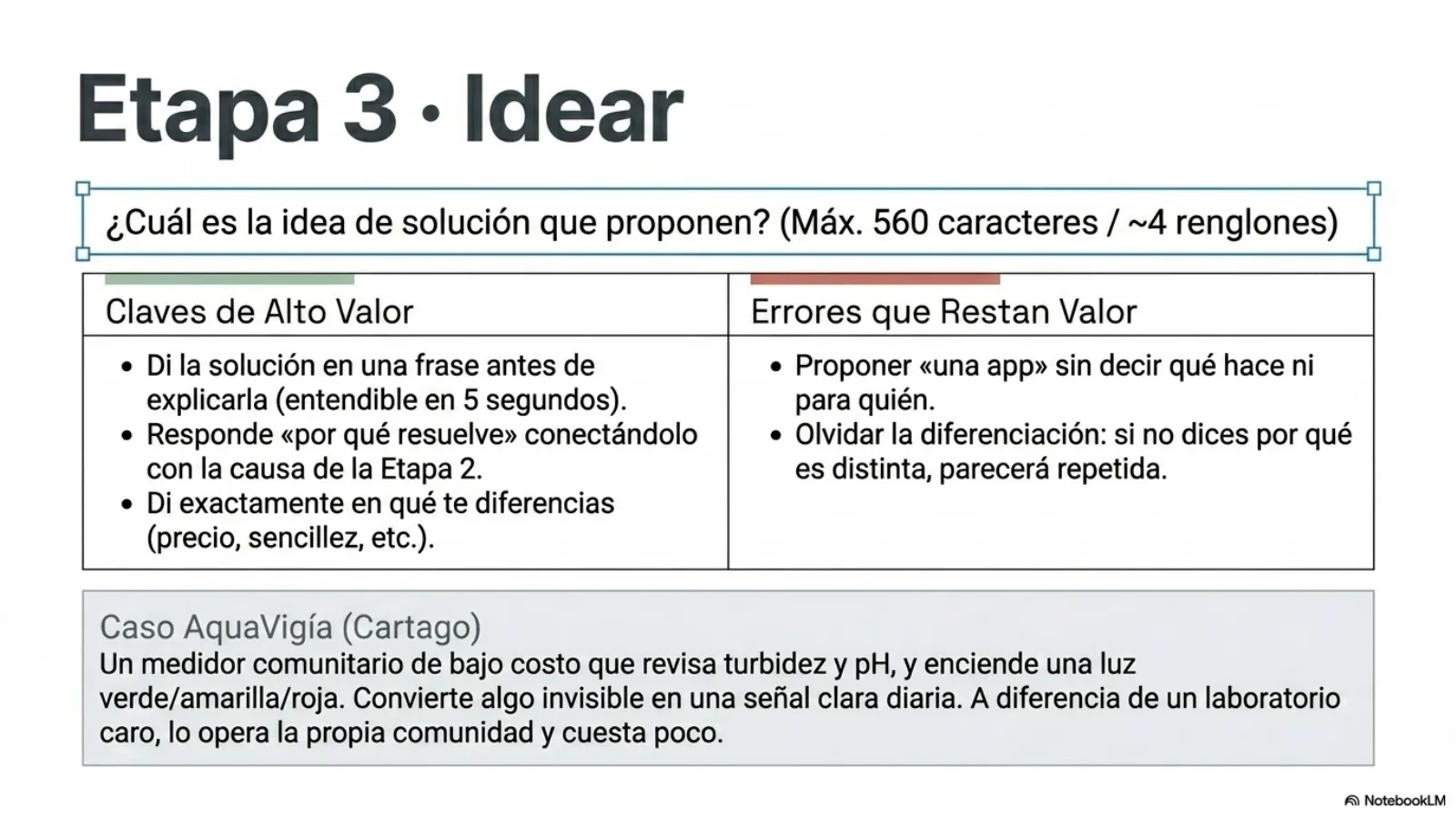 Slide 7 de 15: Etapa 3 · Idear. Di la solución en una frase, explica por qué resuelve el problema y en qué se diferencia. Máximo 560 caracteres. AquaVigía: un medidor comunitario de agua de bajo costo.