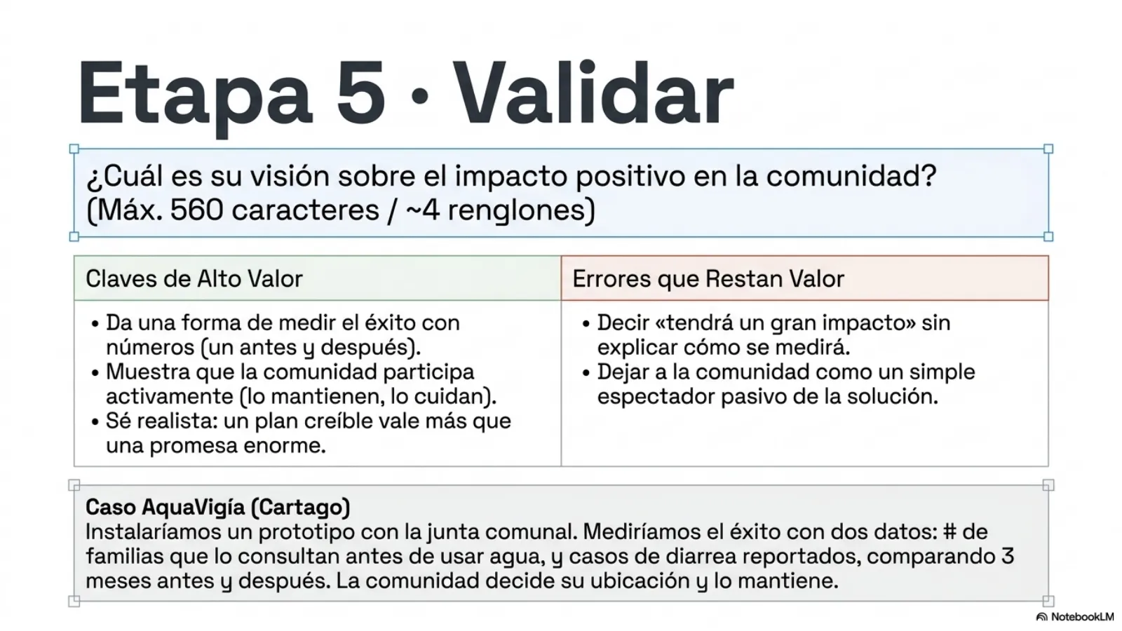 Slide 10 de 15: Etapa 5 · Validar. Da una forma de medir el éxito con números, muestra que la comunidad participa y sé realista. Máximo 560 caracteres.